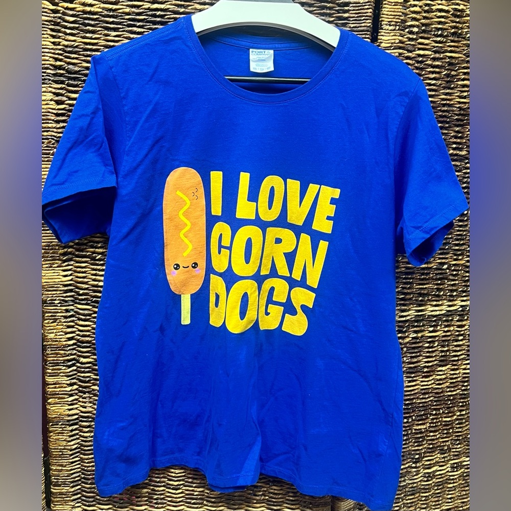 Port&Co-Blue Womens Shirt‎ with I Love Corn Dogs Graphic- XXL, Ladies cut